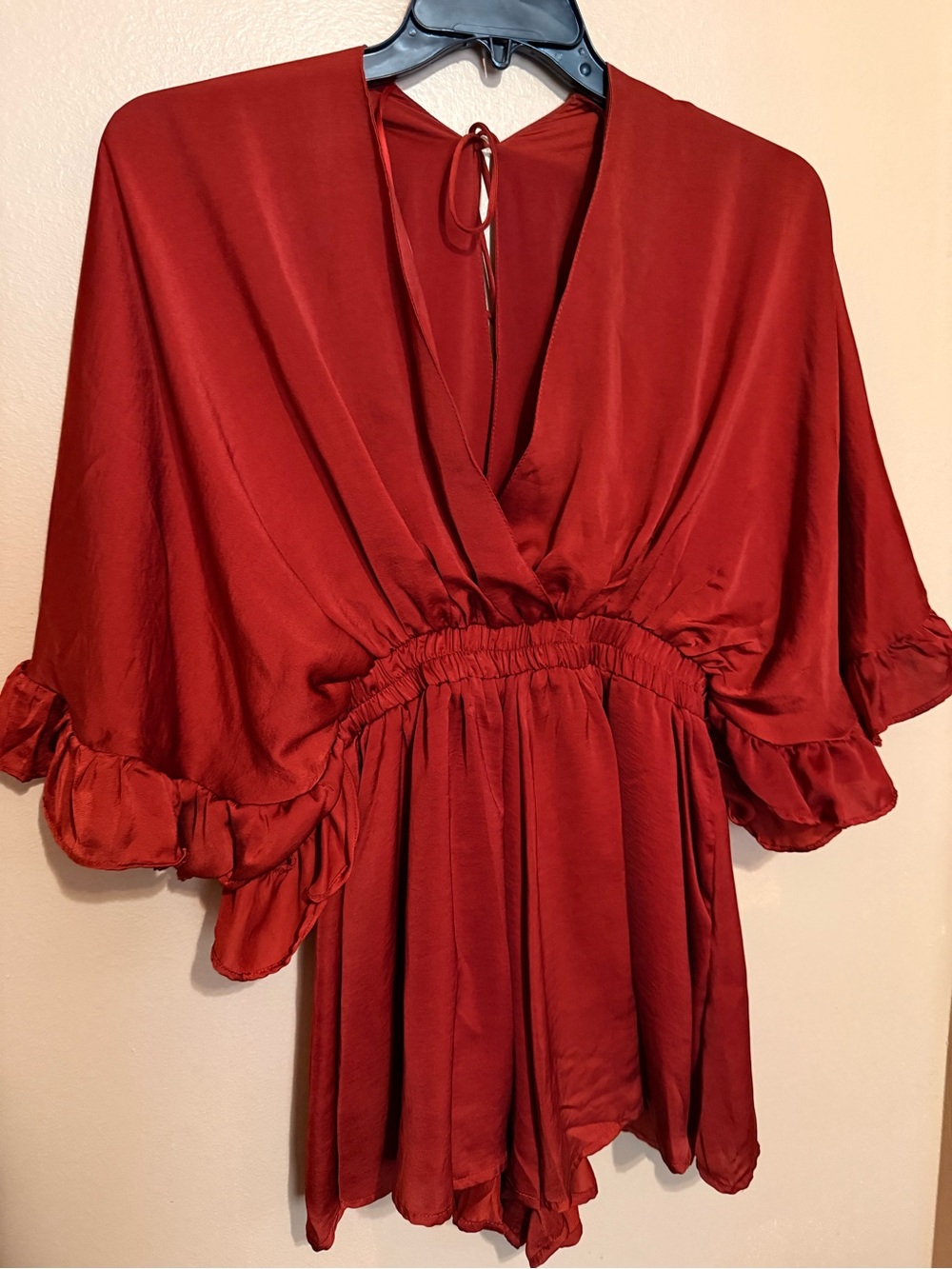 glam Red Satin V-Neck Romper with Ruffle Sleeves